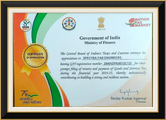 Government of India certificate awarded to Spectra Fab Engineers