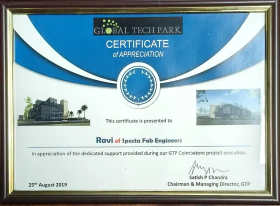 Global Tech Park certificate awarded to Spectra Fab Engineers
