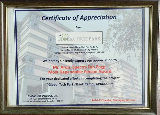 Global Tech Park certificate awarded to Spectra Fab Engineers
