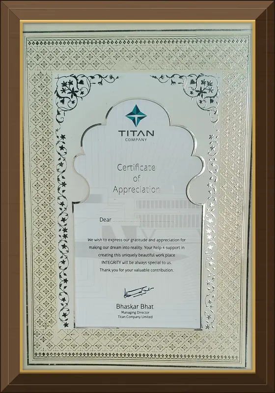 Titan Company certificate awarded to Spectra Fab Engineers