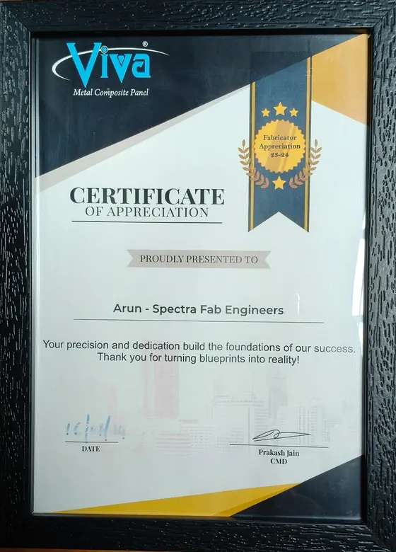Viva certificate awarded to Spectra Fab Engineers