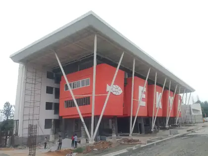 Raking columns and cantilevered canopy